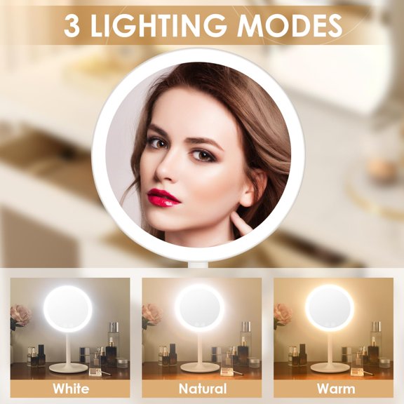 Lighted Makeup Mirror with 10x Mini Magnifying Removable 3 Adjustable Light Modes Jewellery Cosmetic Mirror on Stand USB Rechargeable Touch Table Mirror