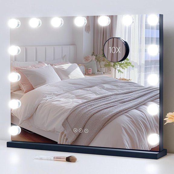 Lighted Makeup Mirror with 15 Dimmable LED Bulbs, 3 Color Modes, USB Charging Port, Touch Control, Metal Frame, 22.8 x 18 Inch, Black, Rectangular, Tabletop Mount