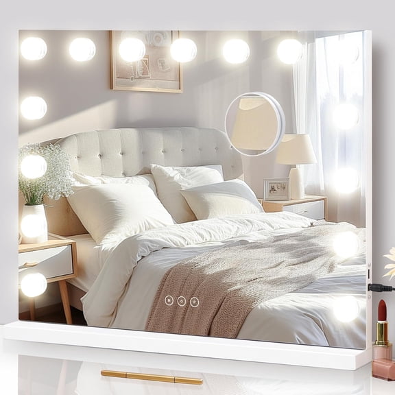 Lighted Makeup Mirror with 15 Dimmable LED Bulbs, 3 Color Modes, USB Charging, Touch Control, 10x Magnifying Panel, White Metal Frame, 22.8 Inch L x 18 Inch W, Rectangular Modern Style