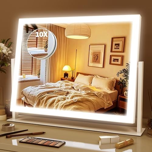 Lighted Makeup Mirror 16.3"x12.6", Hollywood Vanity Mirror with 10X Magnifier, 3 Color LED Lighting Modes, Smart Touch Control & 360° Rotation, Tabletop Makeup Mirror (White, Gift Ready)