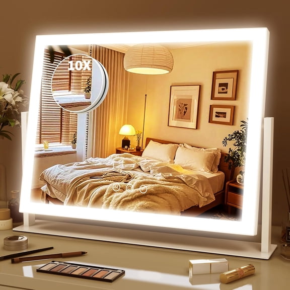 Lighted Makeup Mirror 16.3"x12.6", Hollywood Vanity Mirror with 10X Magnifier, 3 Color LED Lighting Modes, Smart Touch Control & 360 Rotation, Tabletop Makeup Mirror (White, Gift Ready)