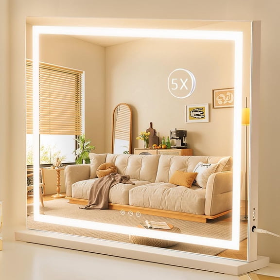 Lighted Makeup Mirror, 18.1" x 22.8" Hollywood Vanity Mirror with Lights, Three Color Lighting Modes, with 5X Magnification Mirror, Smart Touch Control, 360Rotation (White)