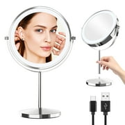 Lighted Makeup Mirror with 1X/3X Magnification, 8" Rechargeable Double Sided Mirror with Light, 360°Rotation Touchscreen Make up Mirror, 3 Colors Brightness Adjustable Vanity Mirror, Chrome