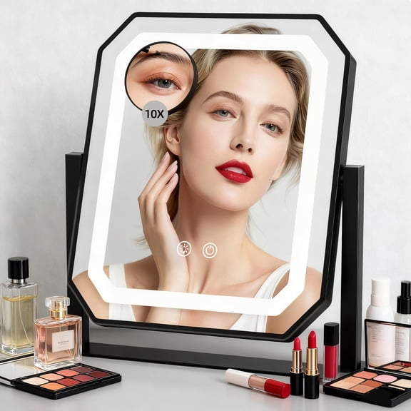 Lighted Makeup Mirror 3 Colors For Precise Application Touch Control Brightness Adjustment Easy Use With A Detachable 10x Magnifying 12" X 10" Hollywood Vanity Plug-in