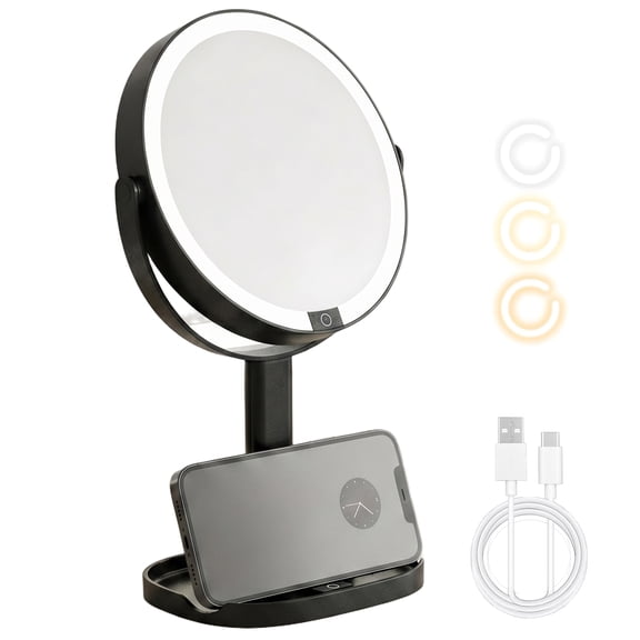 Lighted Makeup Mirror with 5X/10X/20X/30X Magnification, Double Sided LED Vanity Mirror with 3 Color Lights, Rechargeable 360° Rotating Cosmetic Mirror for Tabletop,Black