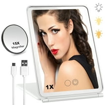 Lighted Makeup Mirror with 60 LED Lights, Portable Folding Travel Mirror LED Vanity Mirror with 15X Magnifying Mirror, 3 Color Lights, Touch Screen, USB Rechargeable