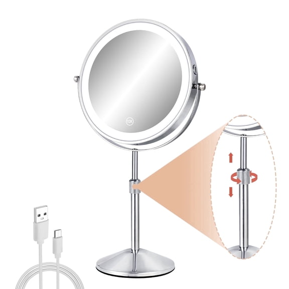 Lighted Makeup Mirror 8 Inch, 1X/10X Magnifying Vanity Mirror with 3 Color Dimmable LED Lights, Height Adjustable 360° Swivel, Rechargeable Cordless Double Sided Tabletop Cosmetic Mirror