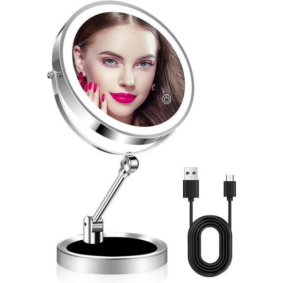 Lighted Makeup Mirror, 8" Rechargeable Double Sided Magnifying Mirror with 3 Colors, 1x/10x 360 Rotation Touch Screen Vanity Mirror, Brightness Adjustable Magnification Cosmetic Light up Mirror