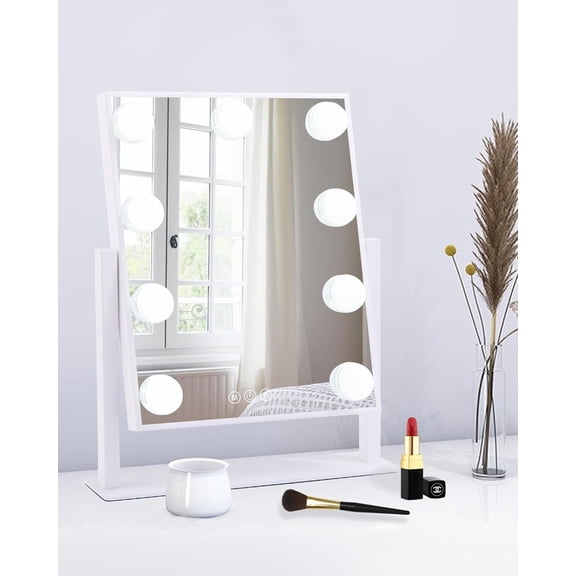 Lighted Makeup Mirror Hollywood Vanity with Lights, Touch Control Design 3 Colors Dimable LED Bulbs, Detachable 10X Magnification, 360Rotation, (White) 12" L x 14" W