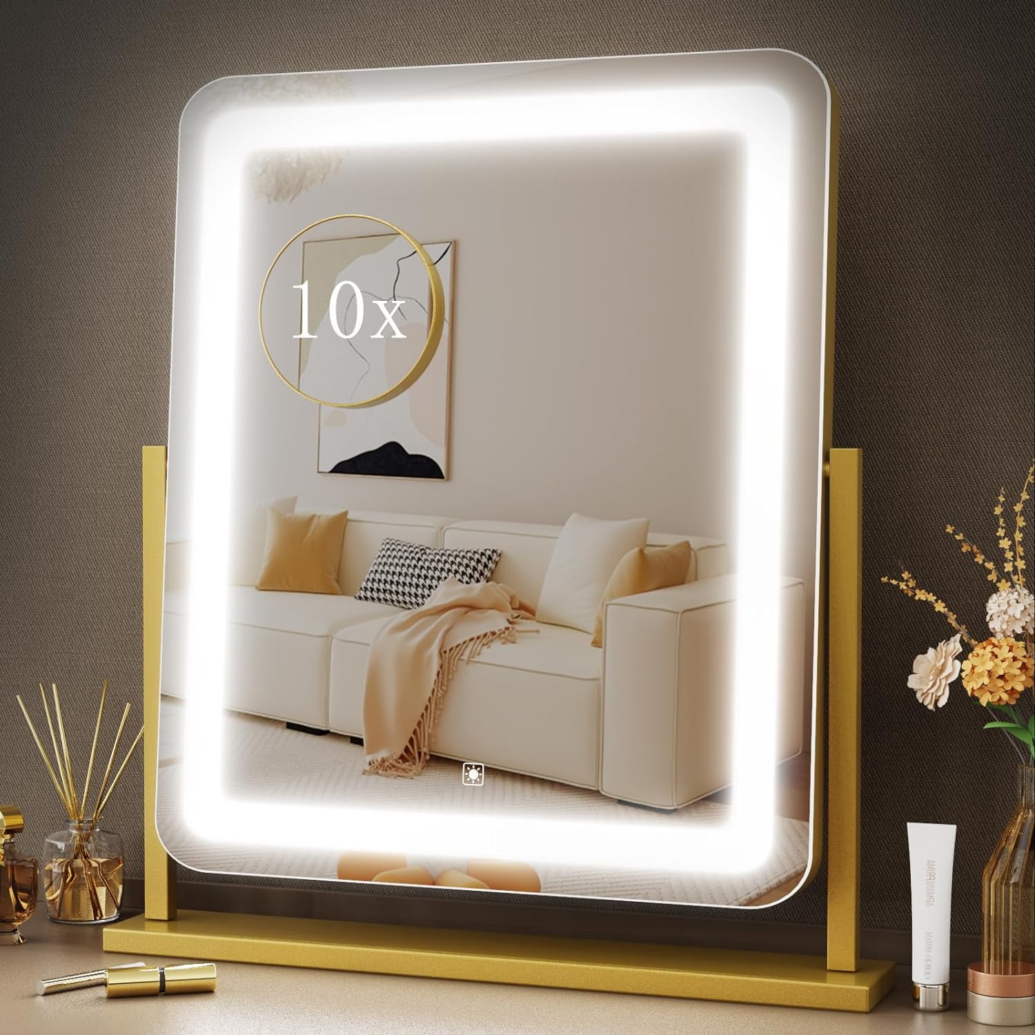 Acoolda Lighted Makeup Mirror - 18.7x14.4 Inch Vanity Mirror With 3 Color LED Lights, 10X Magnification, Touch Control, 360° Rotation