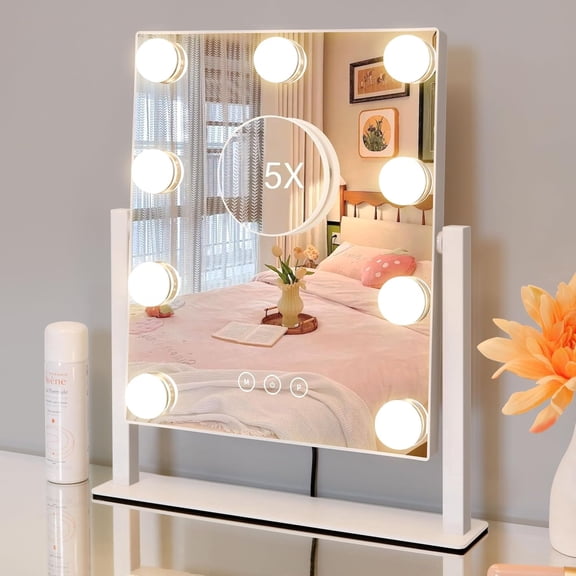 9-Light Magnetic Makeup Mirror with 5X Magnifying Lens - Smart Touch Control, 3 Lighting Modes (Daylight/Warm /Cool), 360 Rotating Vanity Mirror Suitable for Women' Birthday/Holiday Gift