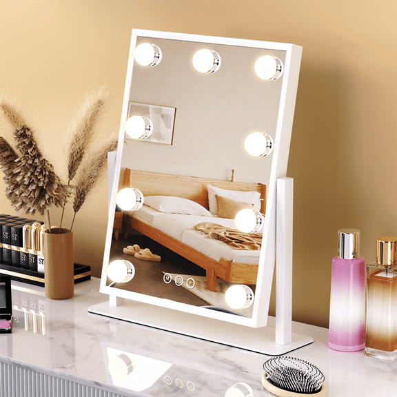 Lighted Makeup Mirror Illuminated makeup mirror with nine dimmable bulbs Suitable for dressing rooms, bedrooms, or desktops Three colour light modes Intelligent touch controls 360 rotation