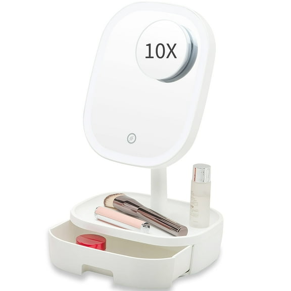 Lighted Makeup Mirror with Lights - SGUTEN 10X Magnifying LED Lighted Up Vanity Makeup Mirror with Stand,Intelligent Touch 3 Color Stepless Dimming+180Rotation Desk Mirror for Traveling,White