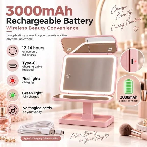 Lighted Makeup Mirror with Magnification 1X 2X 3X, Tri Fold Vanity Mirror with LED Lights, Touch Screen Dimmable Desk Cosmetic Mirror with Storage Tray for Bedroom Vanity Tabletop, pink