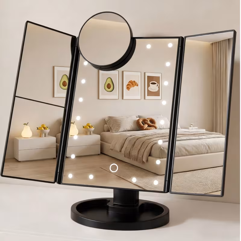 Lighted Makeup Mirror, Portable Foldable Vanity Mirror with 2X 3X 10X Magnification, Touch Control, Dual Power, Black