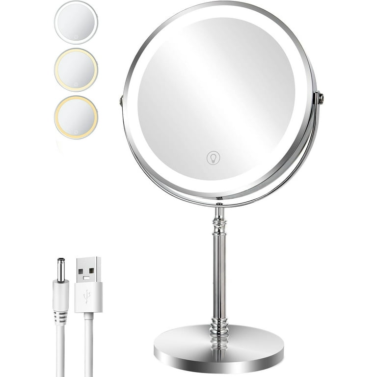Earth Table 8 Inches Lighted Makeup Mirror with 10x Magnification Double Sided Vanity Mirror with 3 Colors 360 Rotation Touch Chrome