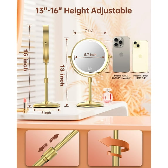 Lighted Makeup Mirror with 3 Color Lights, 10X Magnification, Adjustable Brightness & Height, Inch 360° Swivel Rechargeable LED Vanity Mirror