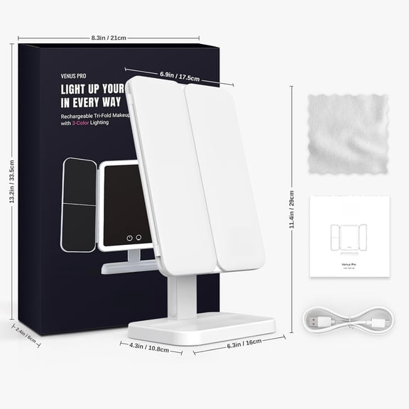 Lighted Makeup Mirror with 3X Magnification, 3 Color Lights & Touch Sensor - Rechargeable Trifold Vanity Mirror for Travel, Desk, Home Use