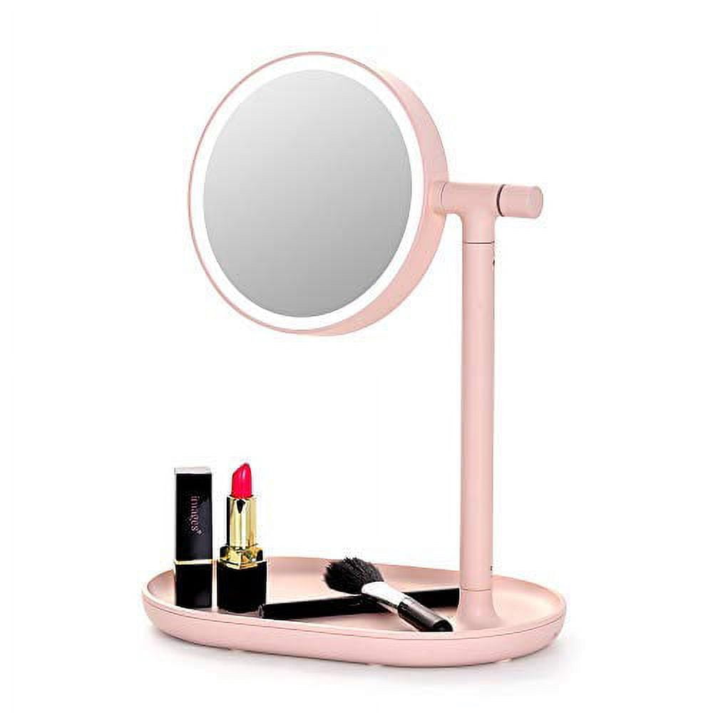 ABQ Lighted Makeup Mirror with Cosmetic Organizer Tray, LED Light Makeup Vanity for Desk or Tabletop – Pink