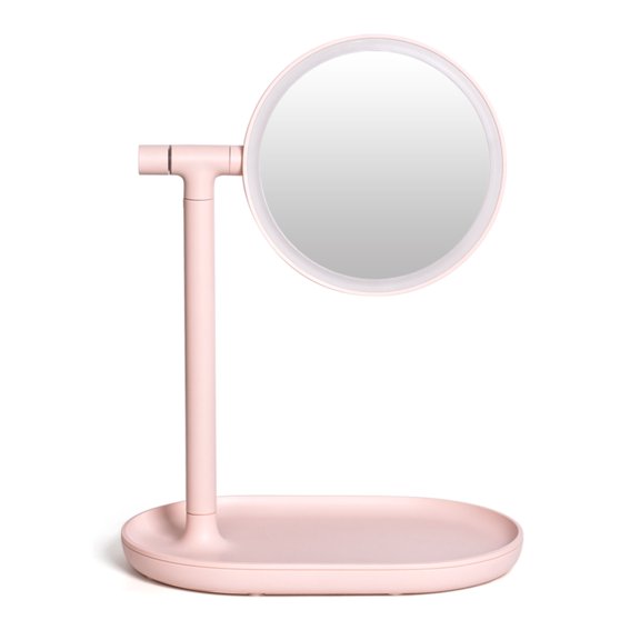 Lighted Makeup Mirror with Cosmetic Organizer Tray, LED Light Makeup Vanity for Desk or Tabletop Pink