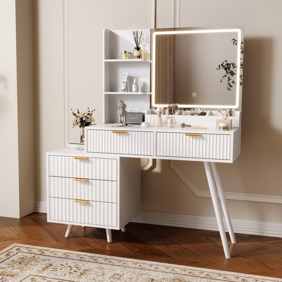 Lighted Makeup Vanity Desk 5 Drawers Wave Panel White