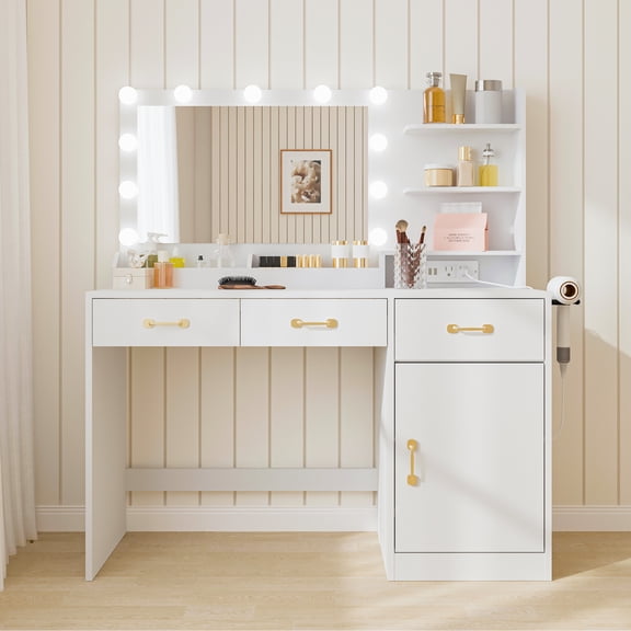 Lighted Makeup Vanity Desk with LED Mirror, Power Outlet, 3 Drawers, 2 Cubbies, Shelves & Cabinet – Modern Wooden Dressing Table for Bedroom Storage – White