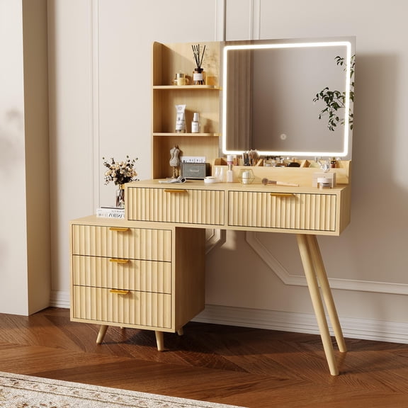 Lighted Makeup Vanity Desk with Mirror, 5 Drawers, Power Outlet, Storage Shelves, Wave Panel Design, 3-Color LED - Elegant Bedroom Furniture - Natural Wood Color