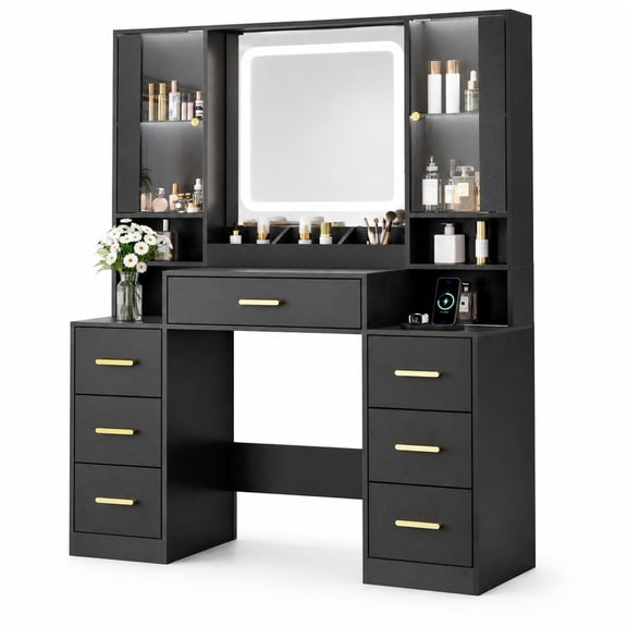 Lighted Makeup Vanity Desk with Mirror, 7 Drawers, 2 Glass Door Cabinets, Charging Station, Adjustable Shelves, RGB LED Lights, Brush Holder & Organizer