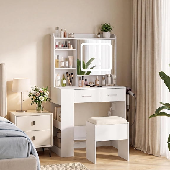 Lighted Makeup Vanity Desk Set with Mirror, Charging Station, Storage Drawers, and Stool,White