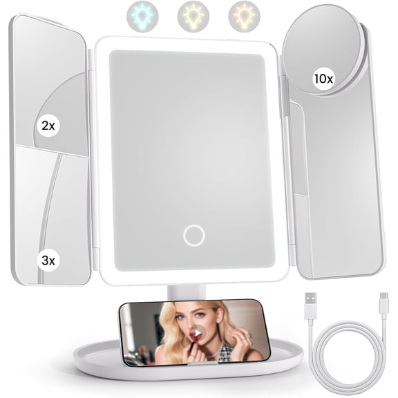 Lighted Makeup Vanity Mirror, Height Adjustable Trifold Mirror with Seamless Light Strip, 1X/2X/3X/10X Magnification, 2000mAh Rechargeable Desk Mirror, Dimmable 3 Color Lighting, Gifts for Mom Women