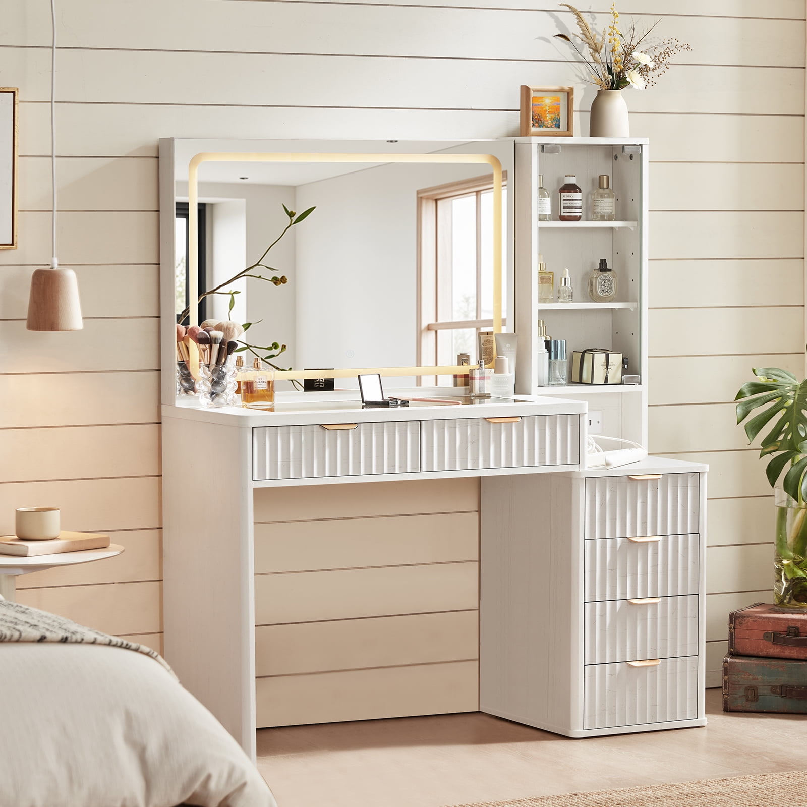 dressing table design white colour Lighted Makeup Vanity Set with Mirror, Vanity Desk with 6 Drawers & Storage  Shelves, 3 Color Modes & Adjustable Brightness Dressing Table, Bedroom,