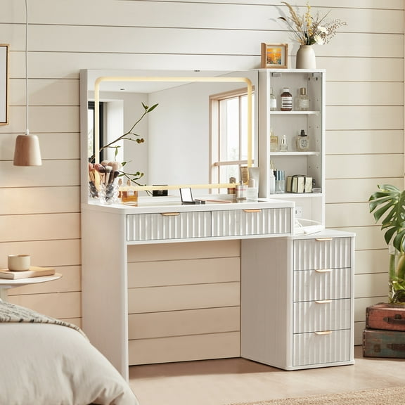 Lighted Makeup Vanity Set with Mirror, Vanity Desk with 6 Drawers & Storage Shelves, 3 Color Modes & Adjustable Brightness Dressing Table, Bedroom, White