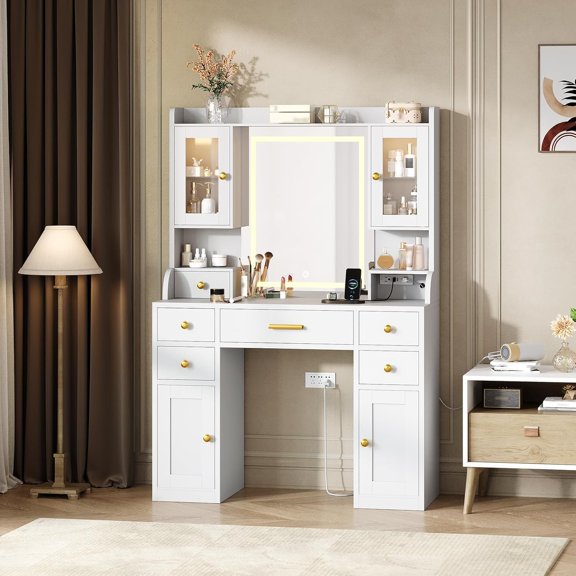 Lighted Makeup Vanity Table with 3-Mode Mirror, RGB Light Cabinets & Built-In Charging Station, 6 Drawer Large Storage Dressing Table