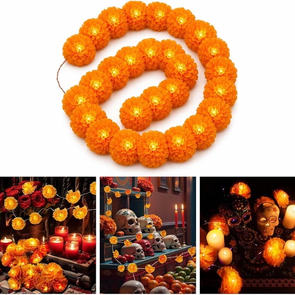 Lighted Marigold Garland, LED Artificial Cempasuchil Flower String Lights with Flashing Orange LEDs, Dia de Los Muertos Halloween Diwali Party Decor