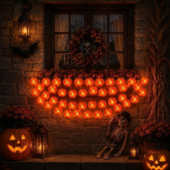 Lighted Marigold Garland LED Artificial Marigold Flowers String Lights Dia de Los Muertos Day of The Dead Decorations for Halloween Diwali Indian Party (59in)