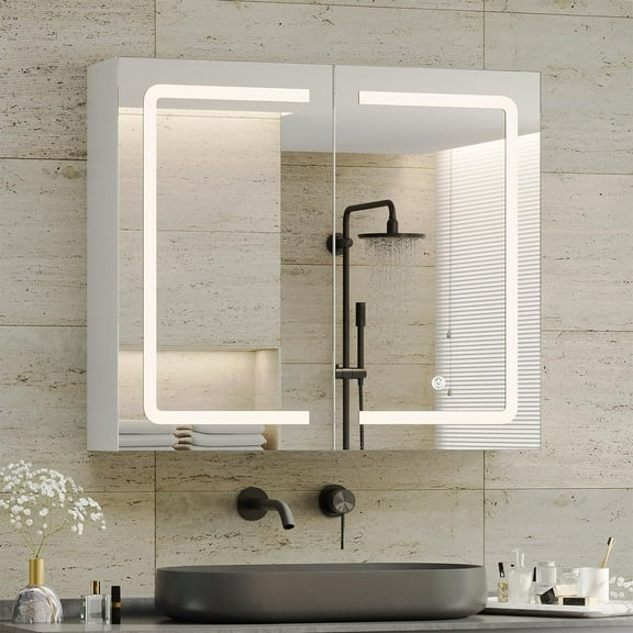 Lighted Medicine Cabinet with Mirror & LED Light for Bathroom, Wall Mounted Aluminum Mirror Cabinet with Adjustable Storage Shelves for Home,White,27.6"x23.62"