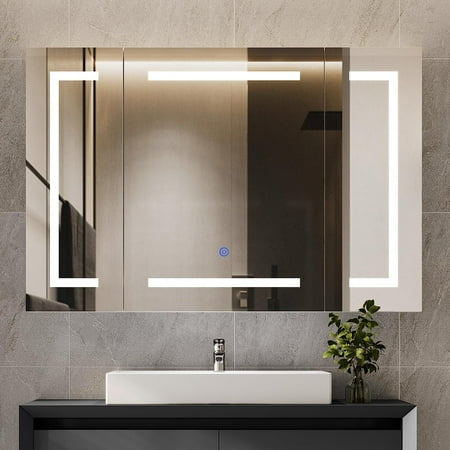 Lighted Medicine Cabinet with Mirror&LED Light for Bathroom,Wall Mounted Bathroom Mirror Cabinet with Storage and 2 Outlet and 3 Doors for Home, White, 39.4" x 23.6"