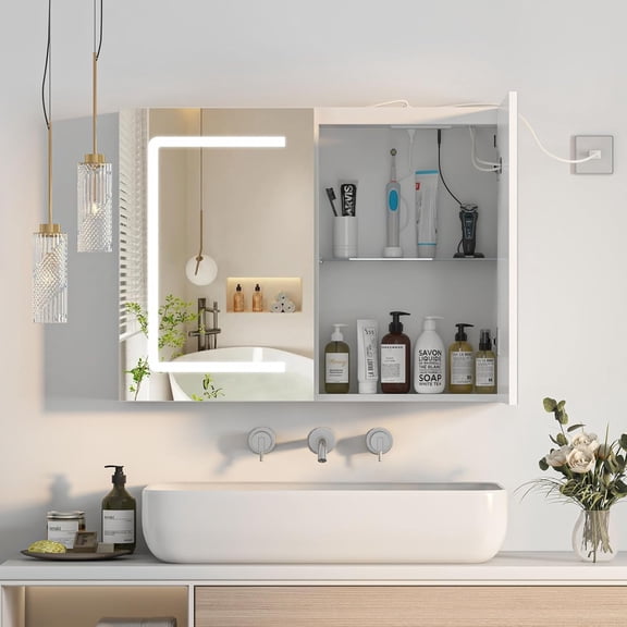 Lighted Medicine Cabinet with Sockets & USB, LED Medicine Cabinet with Lights, Wall Mounted,32X24Inch,Color Adjustment,Large Mirror Cabinet with Electrical Outlet