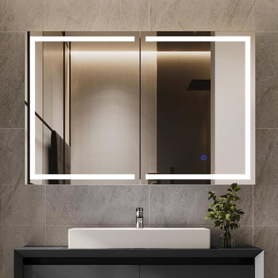 Lighted Medicine Cabinet with Mirror&2 Doors&Power Strip,Bathroom Wall Mounted Bathroom Mirror with LED Lights&Storage Cabinet, 35.4" x 23.6"