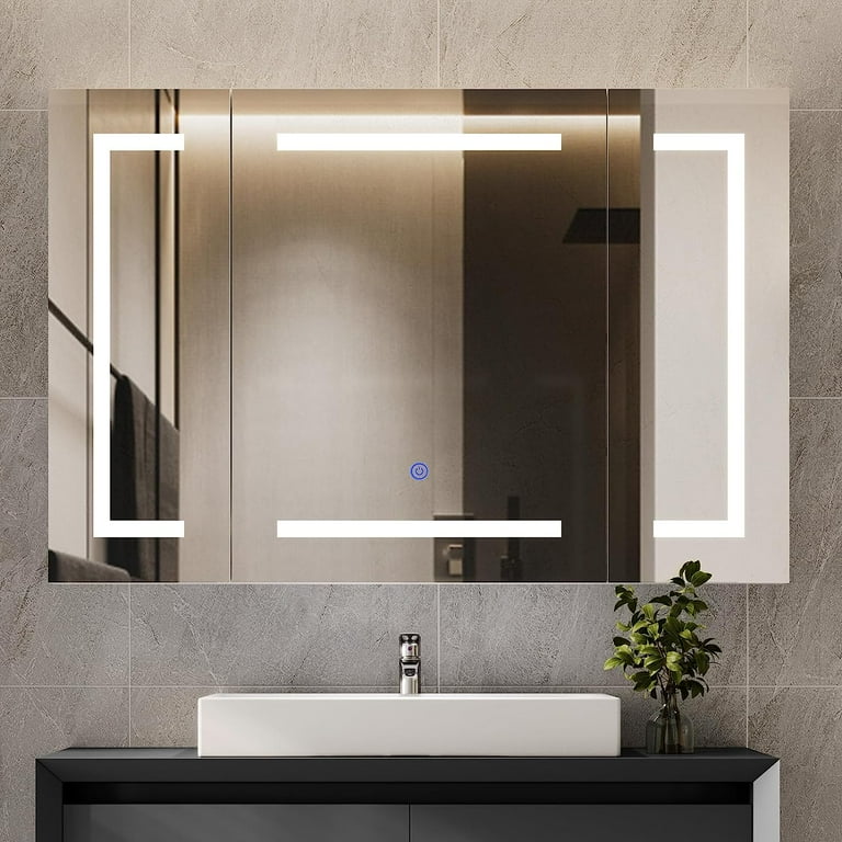 Lighted Medicine Cabinet with Mirror 3 Doors Bathroom Wall Mounted Bathroom Mirror with LED Lights Storage Cabinet 39.4 x 23.6