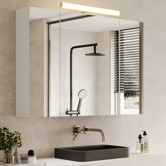 Lighted Medicine Cabinets with Lights and 2 Outlets&USB Ports for Bathroom, LED Wall Mounted Storage Medicine Cabinet with 3 Tier Adjustable Storage Shelves&3 Mirror Door Lighted, White