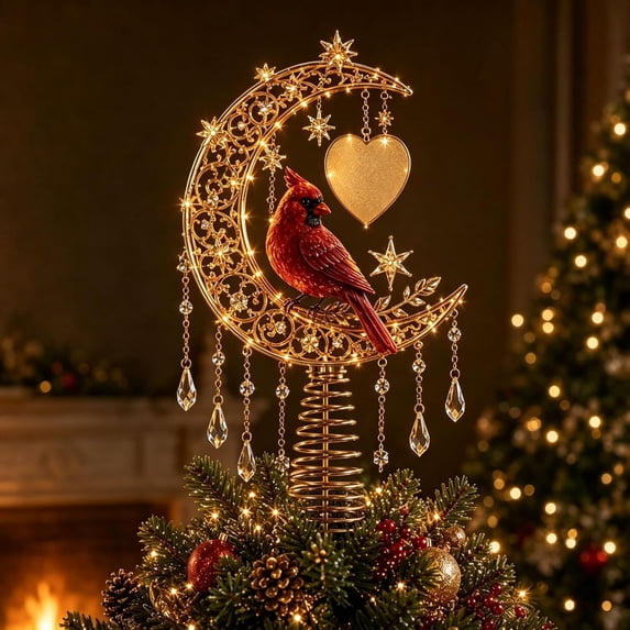 Lighted Memorial Christmas Tree Topper Collection, Angel, Cardinal & Reindeer Designs with Warm Glow and Crystal-Inspired Accents, for Family,Cardinal Heaven(Cardinal Heaven)