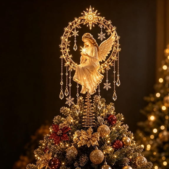 Lighted Memorial Christmas Tree Topper Collection, Angel Designs with Warm Glow and Crystal-Inspired Accents, for Family Decoration (Angel's Christmas Moon)
