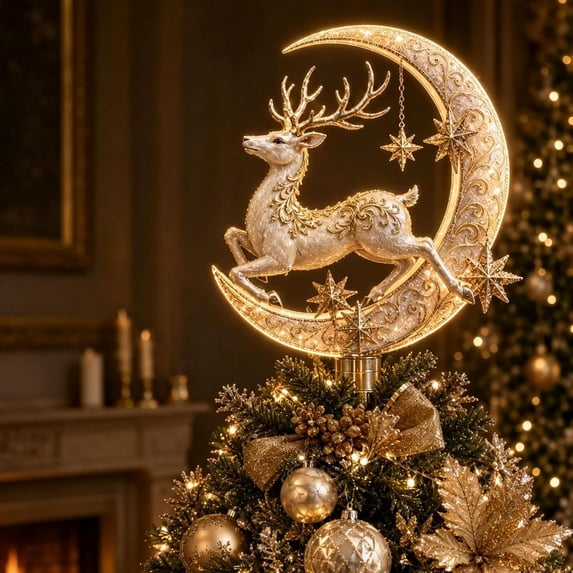 Lighted Memorial Christmas Tree Topper Collection, Reindeer Designs with Warm Glow and Crystal-Inspired Accents, for Family Decoration (Reindeer Moonlight)