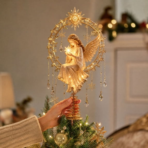 Lighted Memorial Christmas Tree Topper Collection with Warm Glow and Crystal-Inspired Accents, for Christmas Decorations (Angel)