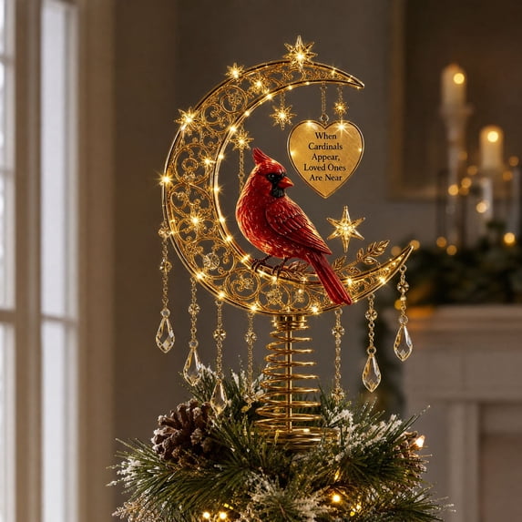 Lighted Memorial Christmas Tree Topper Collection with Warm Glow and Crystal-Inspired Accents, for Christmas Decorations (Cardinal)