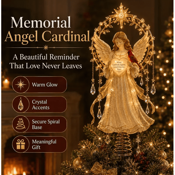 Lighted Memorial Christmas Tree Topper Collection with Warm Glow and Crystal-Inspired Accents, for Christmas Decorations (Memorial Angel)