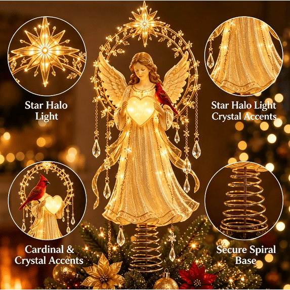Lighted Memorial Christmas Tree Topper Collection with Warm Glow and Crystal-Inspired Accents, for Christmas Decorations (Memorial Angel)