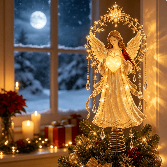 Lighted Memorial Christmas Tree Topper Collection with Warm Glow and Crystal-Inspired Accents, for Christmas Tree Decor (Memorial Angel)