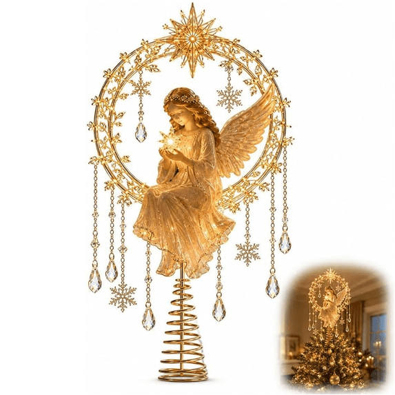Lighted Memorial Christmas Tree Topper Collection with Warm Glow and Crystal-Inspired Accents, for Family (Angel)
